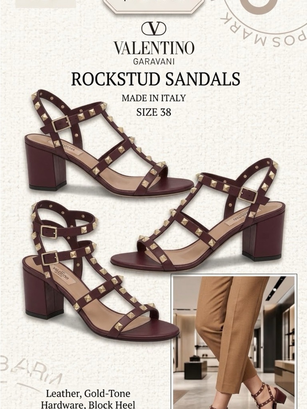 Valentino Garavani Rockstud Leather Sandals in Burgundy with Gold Studs
